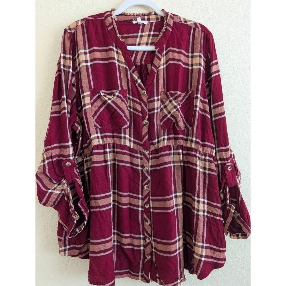 Maurices Burgundy Plaid Empire Waist Babydoll Tunic Top 2X Roll Tab Sleeve